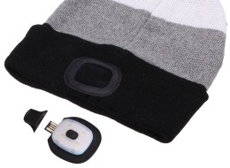 Čepice s čelovkou 180lm, nabíjecí, USB, univerzální velikost, bavlna/PE, černá/šedá/bílá
