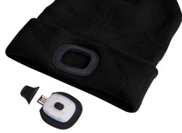 Čepice s čelovkou 180lm, nabíjecí, USB, univerzální velikost, bavlna/PE, černá s bambulkou