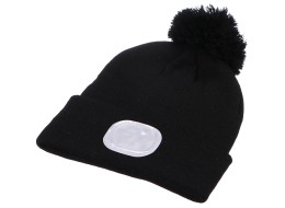 Čepice s čelovkou 180lm, nabíjecí, USB, univerzální velikost, bavlna/PE, černá s bambulkou