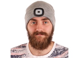 Čepice s čelovkou 180lm, nabíjecí, USB, univerzální velikost, bavlna/PE, světle šedá