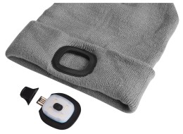 Čepice s čelovkou 180lm, nabíjecí, USB, univerzální velikost, bavlna/PE, světle šedá