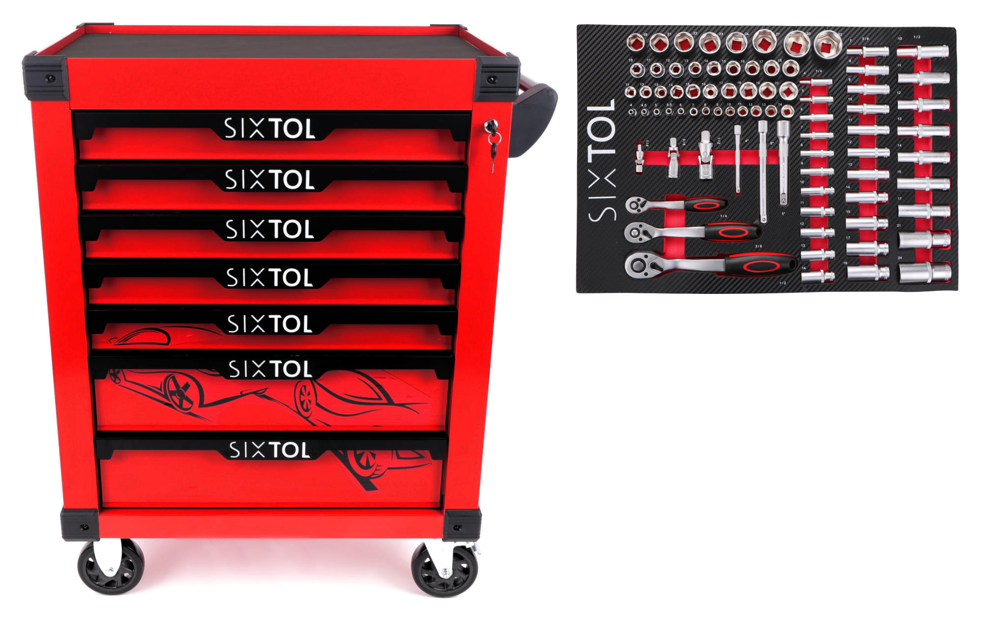 Fotografie produktu: Sixtol Dílenský vozík na nářadí MECHANIC TROLLEY KEVIN RED 80, 7 šuplíků, 80 ks nářadí