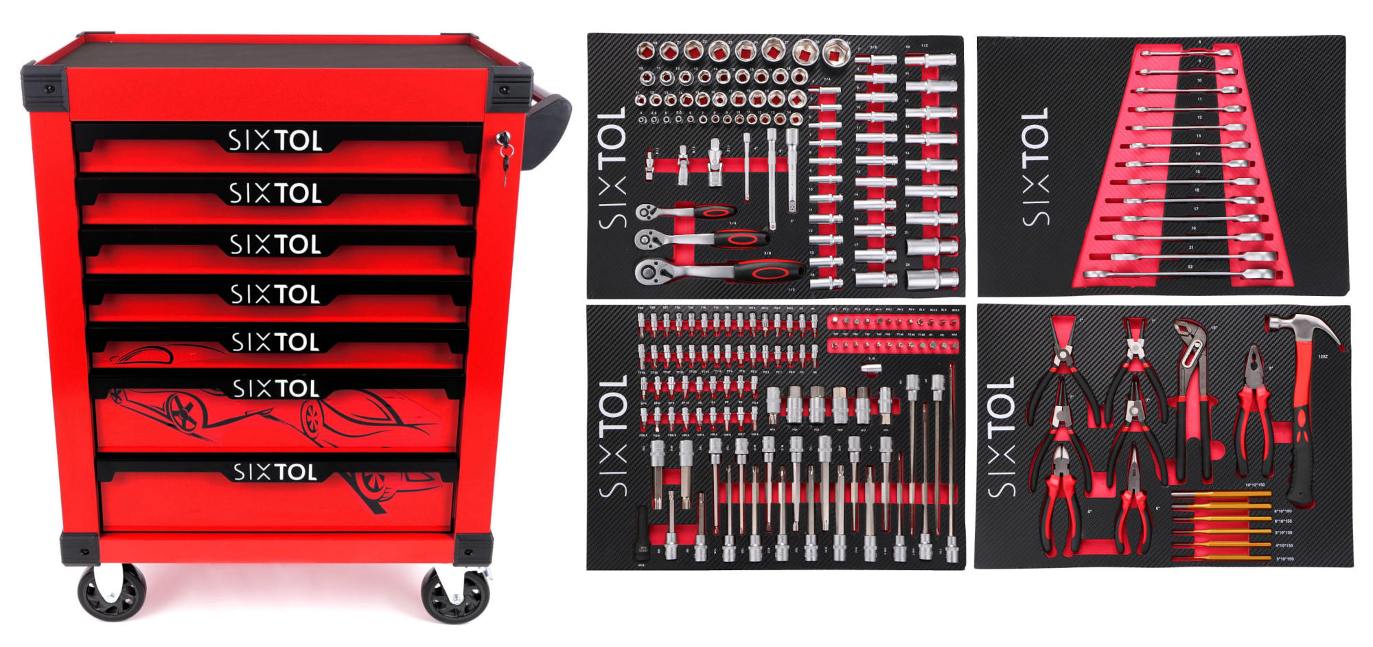 Fotografie produktu: Sixtol Dílenský vozík na nářadí MECHANIC TROLLEY KEVIN RED 210, 7 šuplíků, 210 ks nářadí