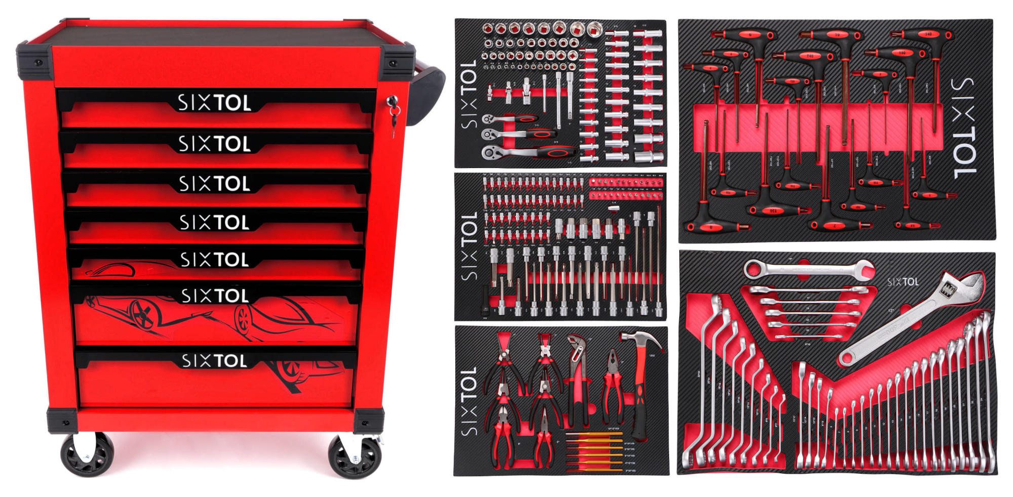 Fotografie produktu: Sixtol Dílenský vozík na nářadí MECHANIC TROLLEY KEVIN RED 253, 7 šuplíků, 253 ks nářadí