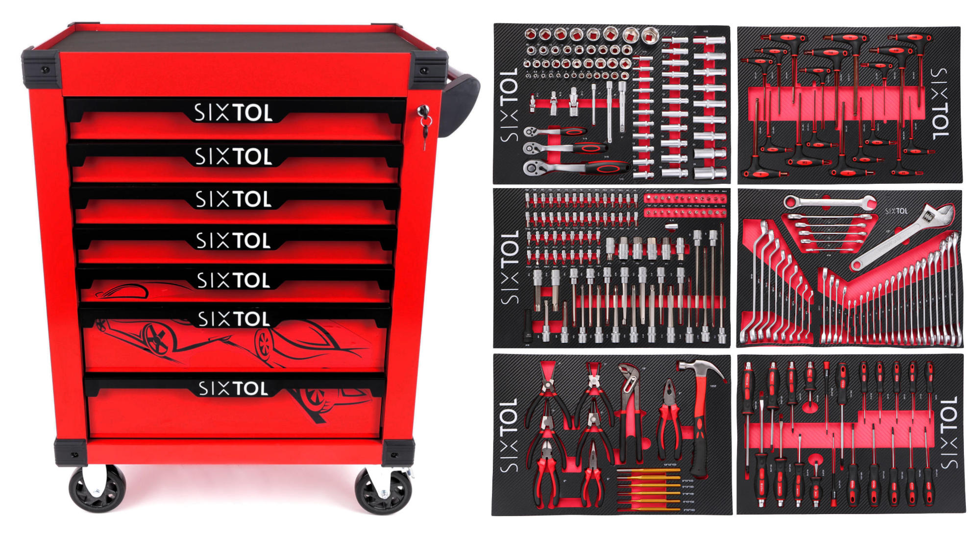 Fotografie produktu: Sixtol Dílenský vozík na nářadí MECHANIC TROLLEY KEVIN RED 274, 7 šuplíků, 274 ks nářadí