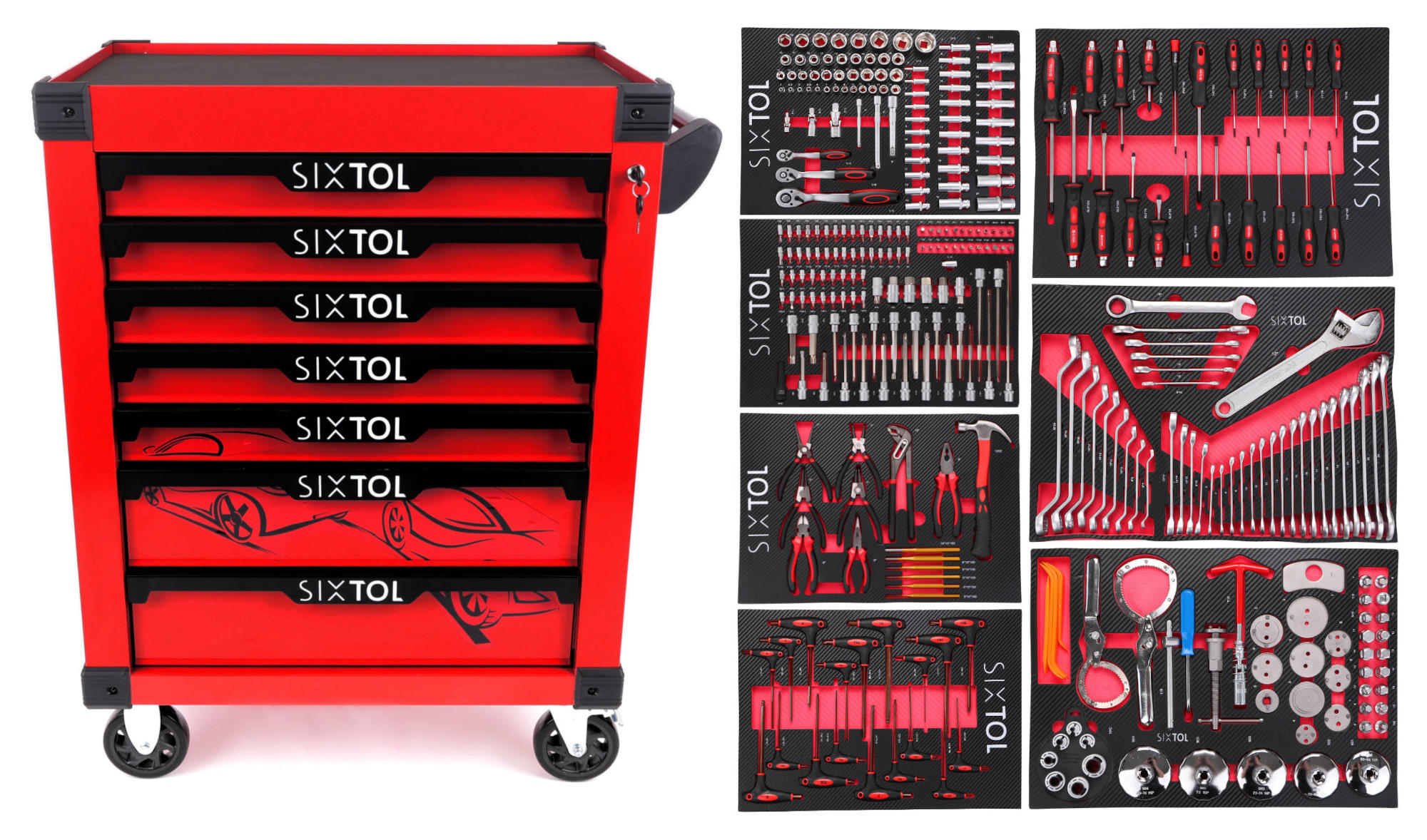 Fotografie produktu: Sixtol Dílenský vozík na nářadí MECHANIC TROLLEY KEVIN RED 326, 7 šuplíků, 326 ks nářadí